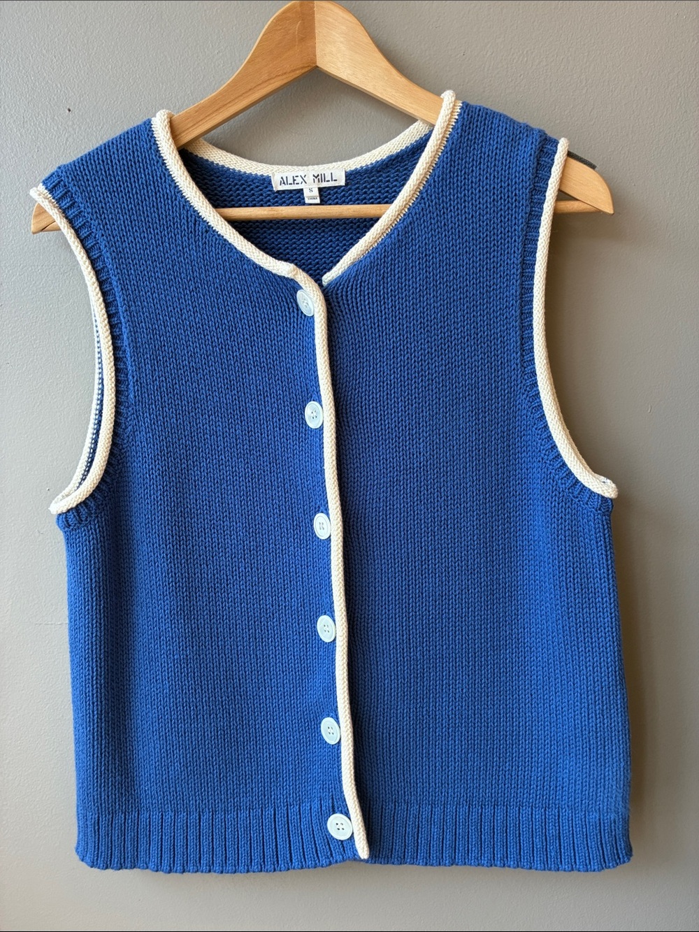 Alex Mill Blue Ivory Bridget Knit Button-Front Sleeveless Cardigan, Small - Picture 2 of 6